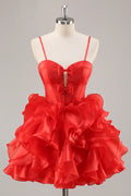 Red Corset Short Ruffled Homecoming Dress with Bows