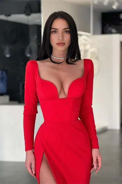 Red Long Sleeves V-Neck Evening Dress Mermaid With Slit