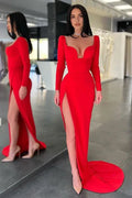 Red Long Sleeves V-Neck Evening Dress Mermaid With Slit