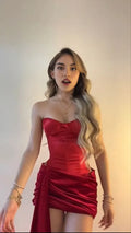 Red Mermaid Strapless Pleated Short Homecoming Dress 19th Birthday Outfits