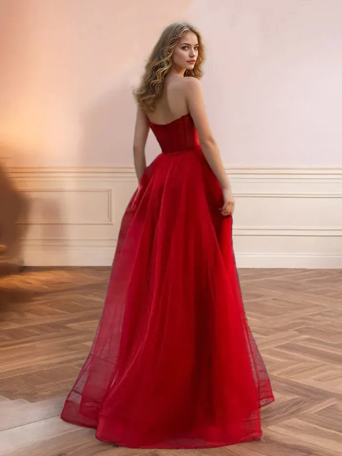 Red Party Dresses A Line Sweetheart Maxi Prom Dress With Slit And Pockets