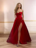 Red Party Dresses A Line Sweetheart Maxi Prom Dress With Slit And Pockets