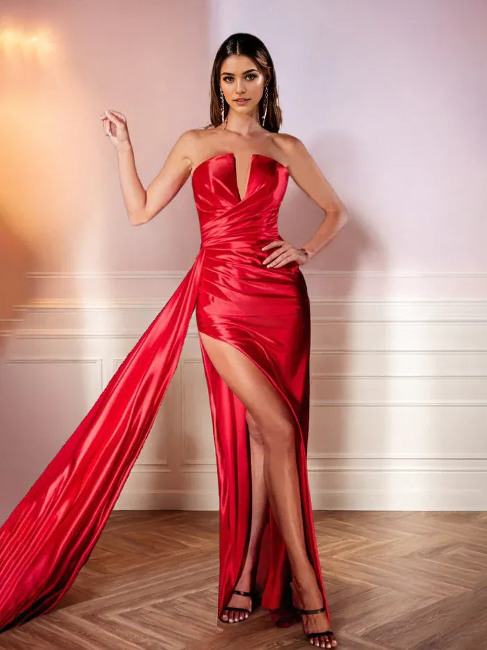 Red Prom Dresses Mermaid Strapless Ruched High Splited Prom Dress With Train