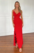 Red Prom Dress with Spaghetti Straps Ruffled V - Neckline and Side Slit for Formal Galas
