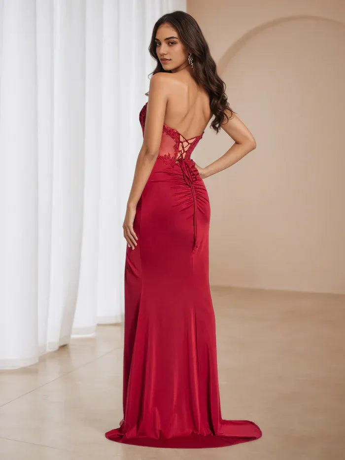 Red Prom Dress Strapless Bodice Ruched Silhouette Side Slit for Sophisticated Events