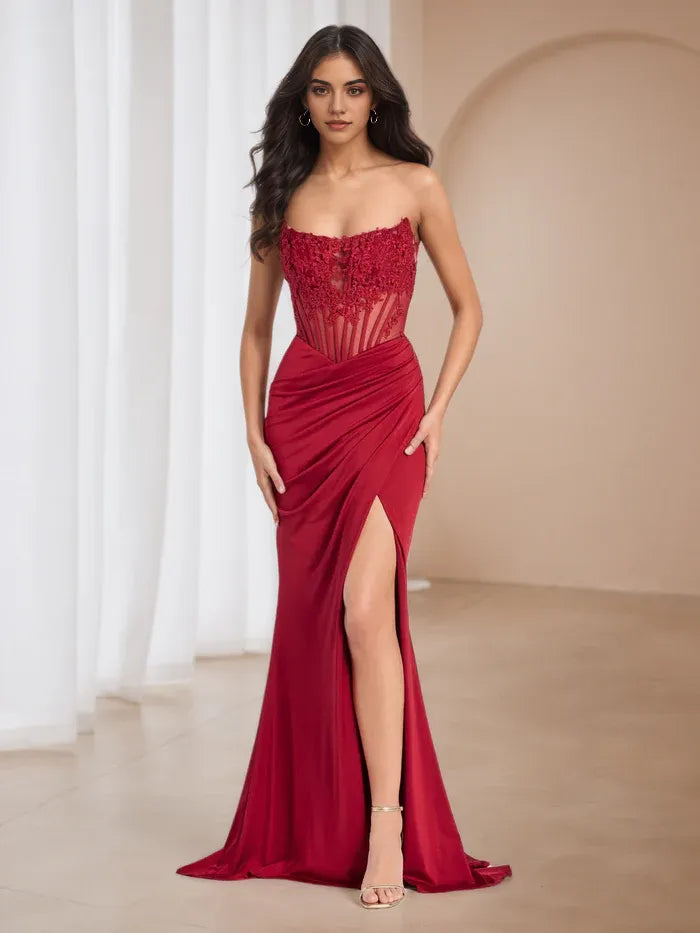 Red Prom Dress Strapless Bodice Ruched Silhouette Side Slit for Sophisticated Events