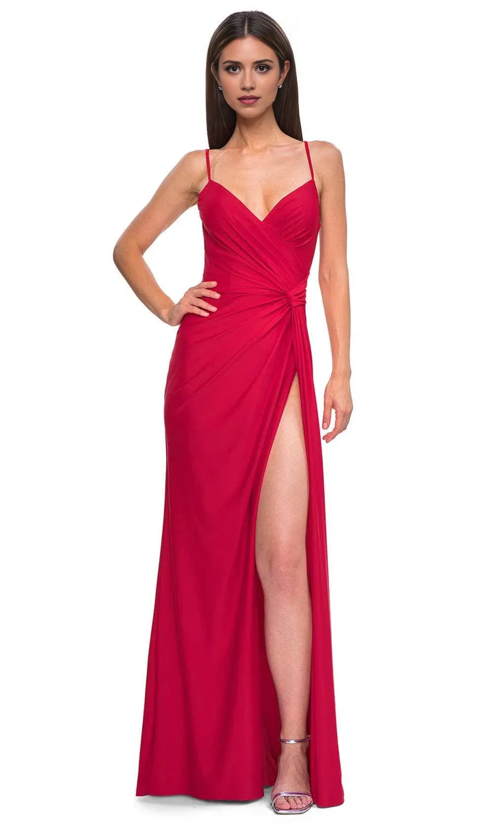 Red Spaghetti Strap Prom Gown with Side Slit and Ruched Detail Perfect for Formal Balls Galas