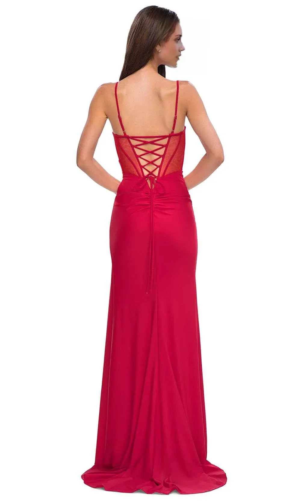 Red Spaghetti Strap Prom Gown with Side Slit and Ruched Detail Perfect for Formal Balls Galas
