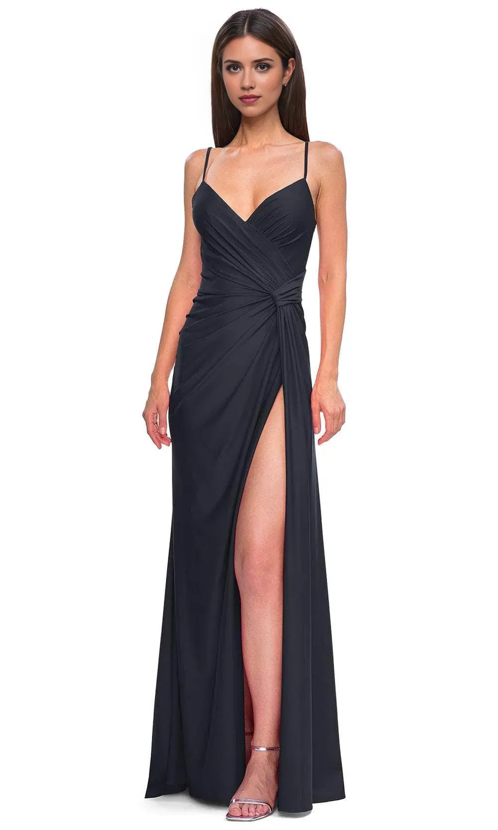 Red Spaghetti Strap Prom Gown with Side Slit and Ruched Detail Perfect for Formal Balls Galas