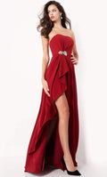 Red Strapless Evening Dress with Asymmetric Ruffle Skirt Crystal Embellishment and High Thigh Slit for Glamorous Occasions