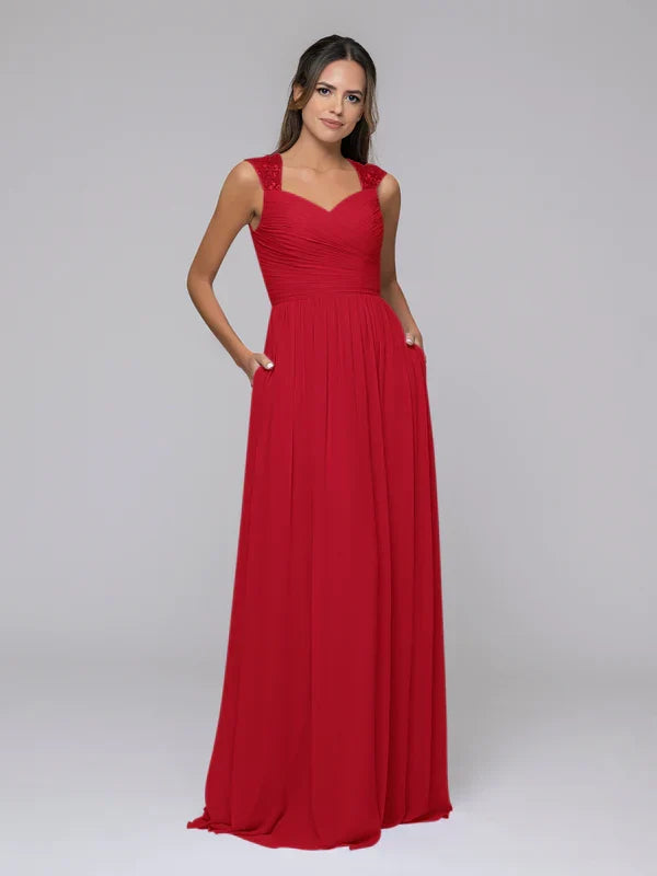 Sweetheart Strap Long Bridesmaid Dresses With Pleated Bodice