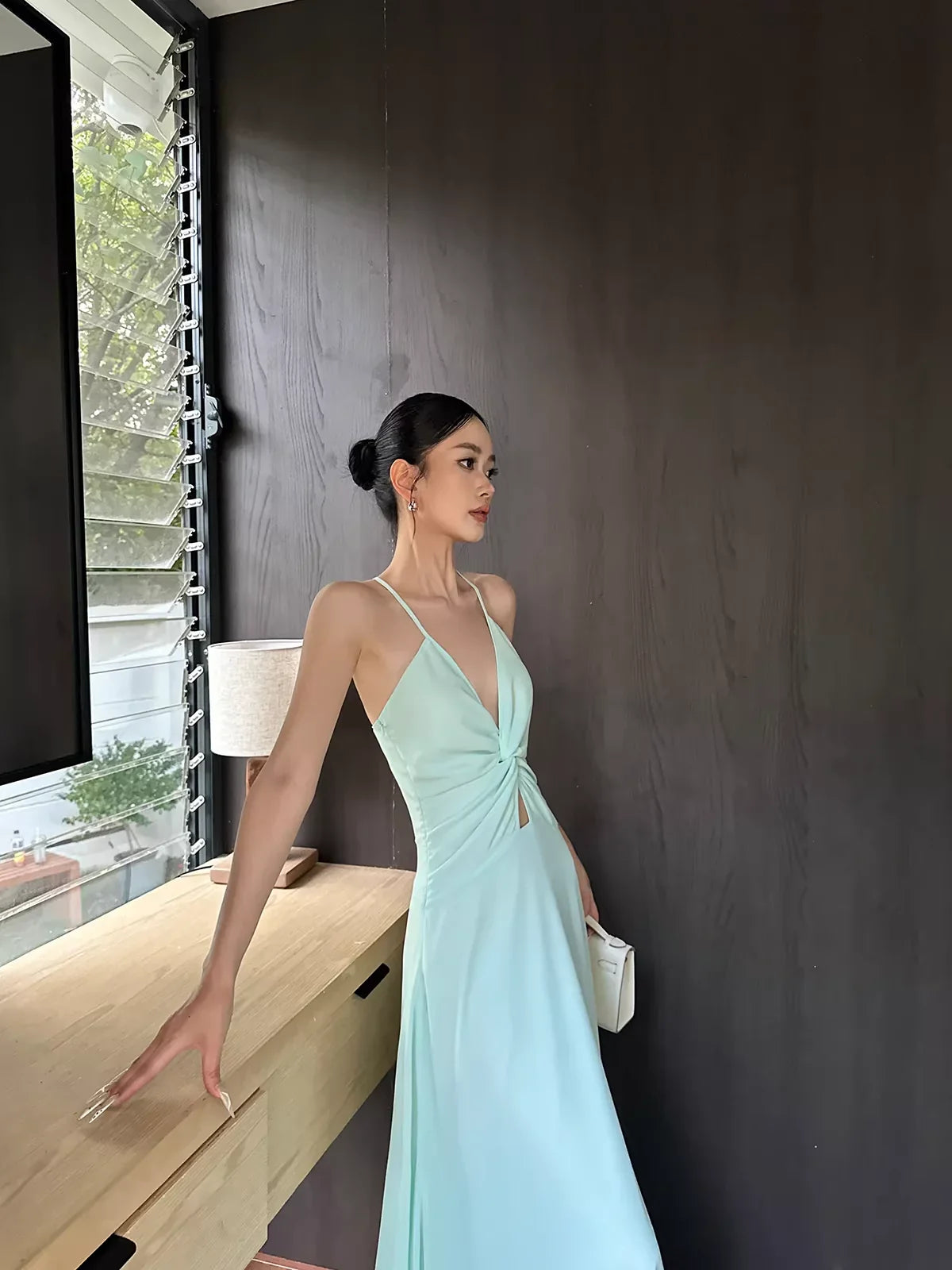 Green Refreshing A-Line Halter-Neck Ruched Mint Long Evening Dresses