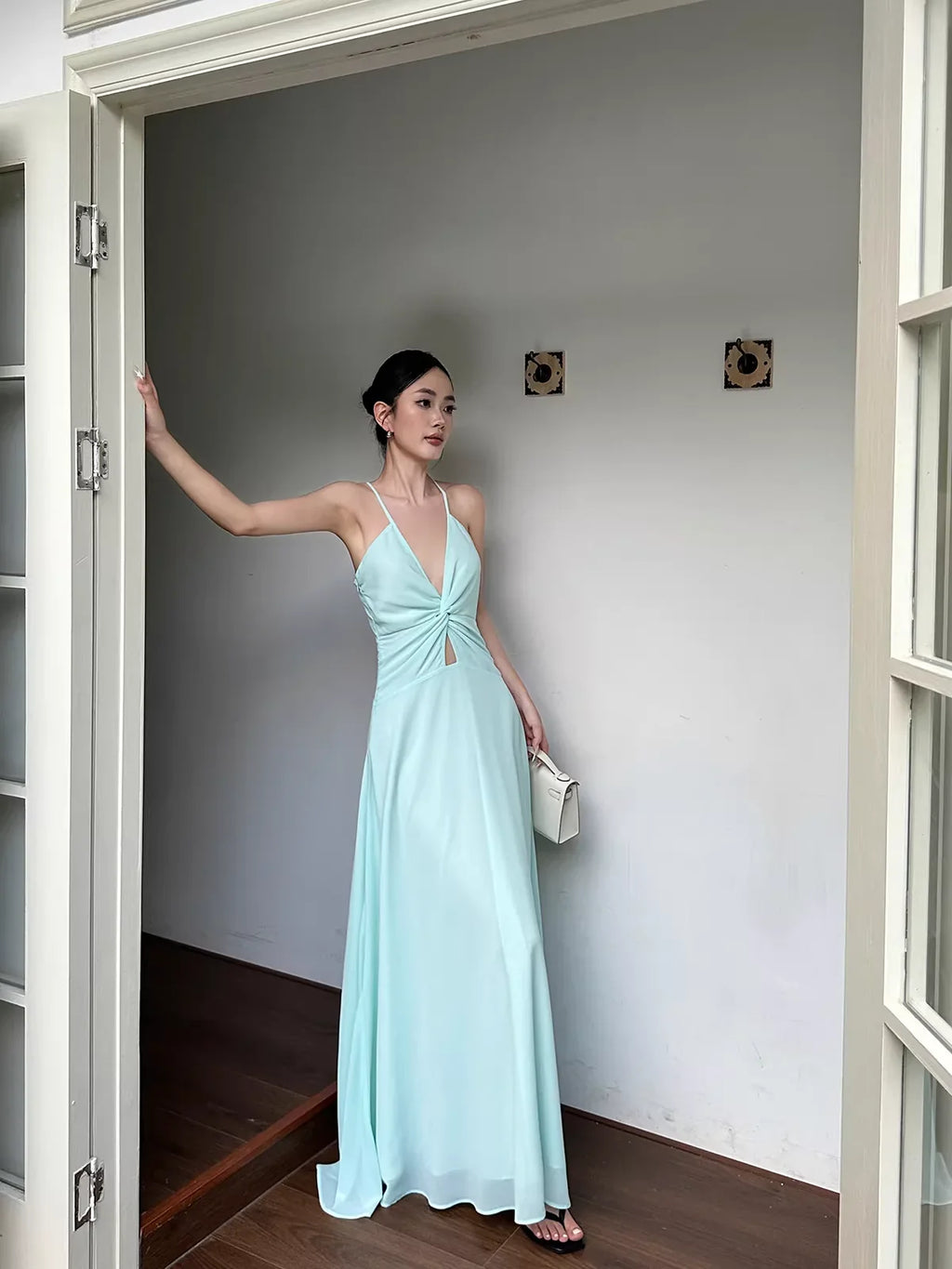 Green Refreshing A-Line Halter-Neck Ruched Mint Long Evening Dresses