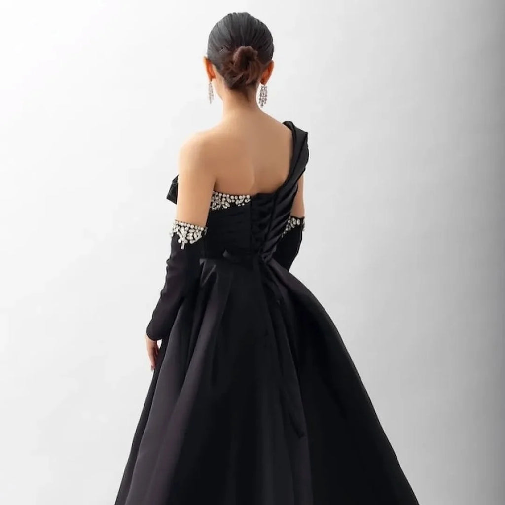 Black Regal Asymmetric Sleeveless Beaded Evening Dress