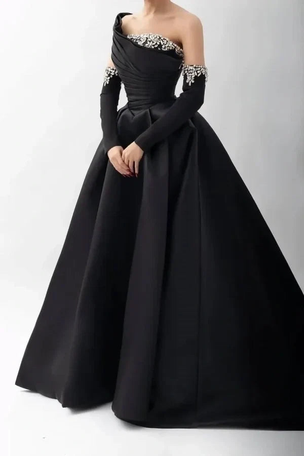 Black Regal Asymmetric Sleeveless Beaded Evening Dress