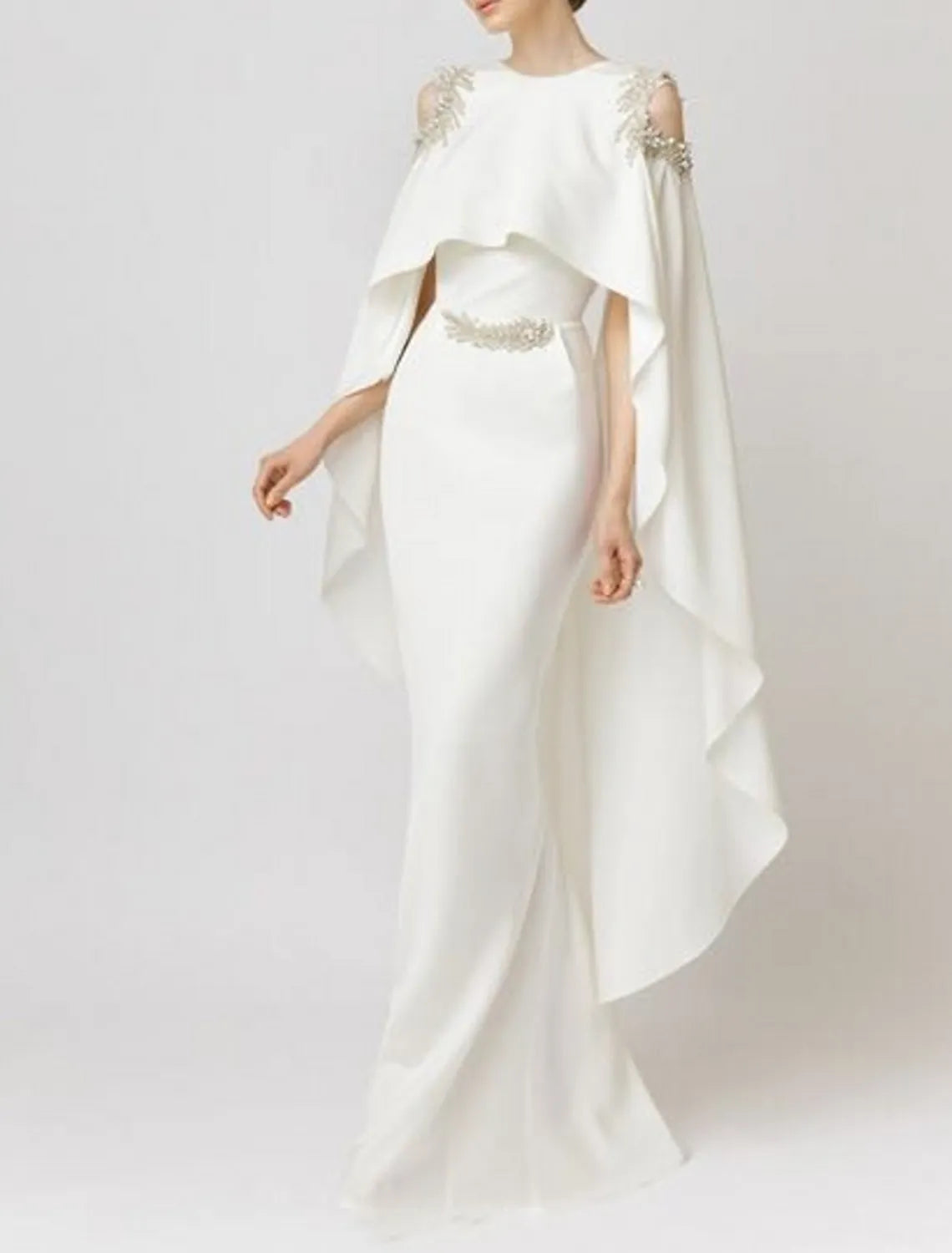 Ivory Regal Mermaid Crew Neck Sleeveless Cape Maxi Evening Dress for Women Custom