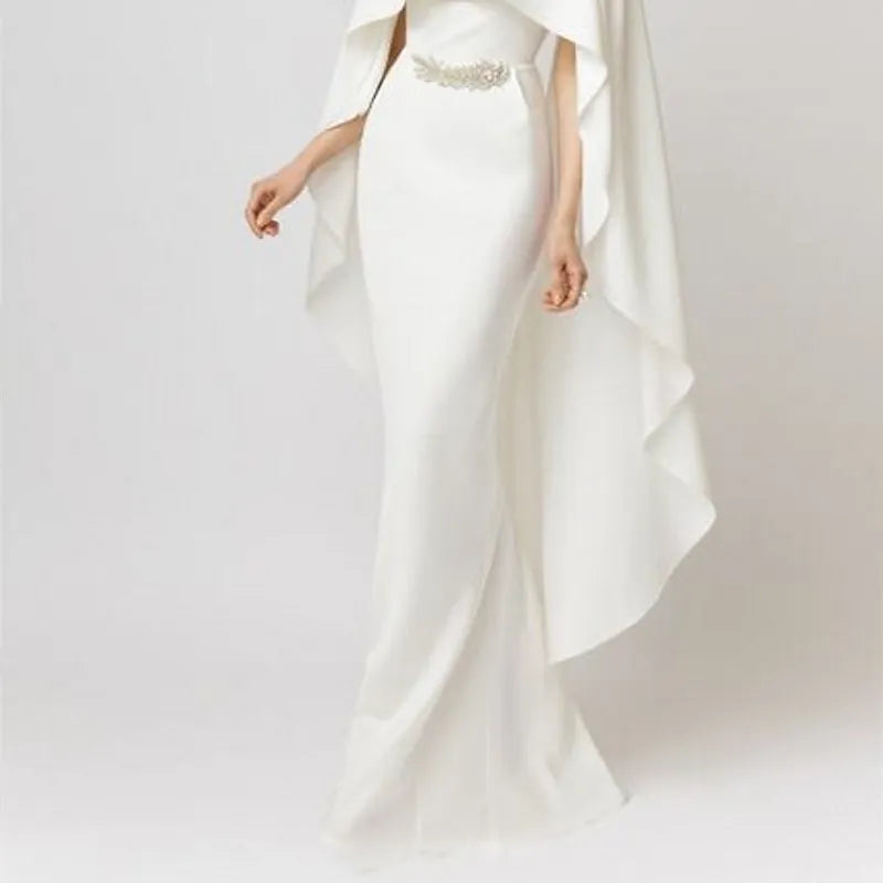 Ivory Regal Mermaid Crew Neck Sleeveless Cape Maxi Evening Dress for Women Custom