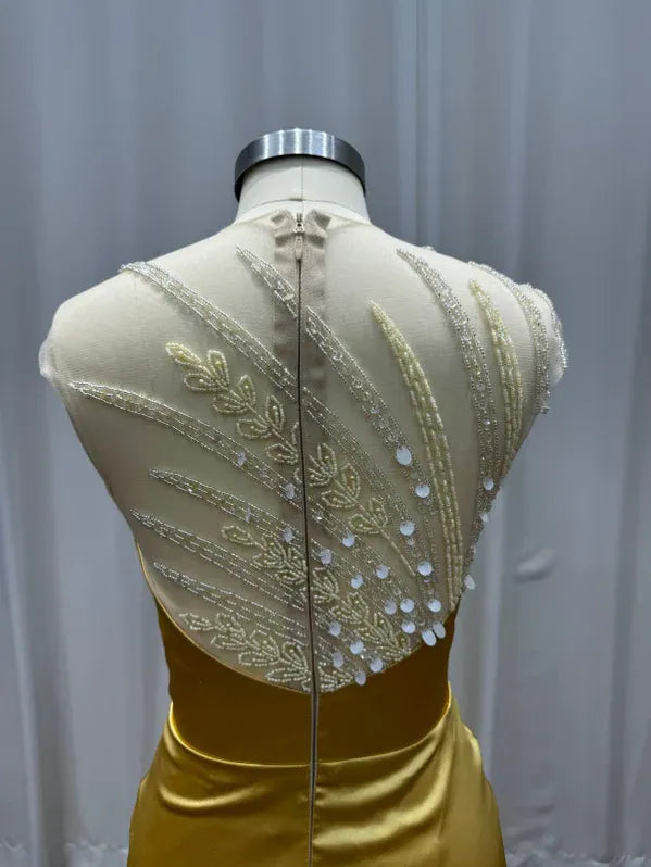 Gold Regal Mermaid Round Neck Short-Sleeve Beaded Maxi Evening Dress