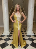 Gold Regal Mermaid Round Neck Short-Sleeve Beaded Maxi Evening Dress