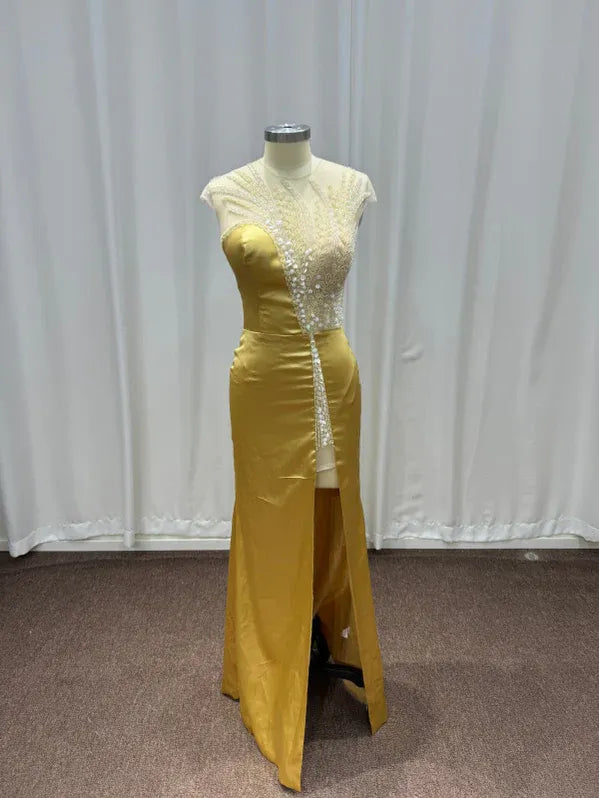 Gold Regal Mermaid Round Neck Short-Sleeve Beaded Maxi Evening Dress