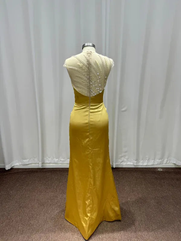 Gold Regal Mermaid Round Neck Short-Sleeve Beaded Maxi Evening Dress