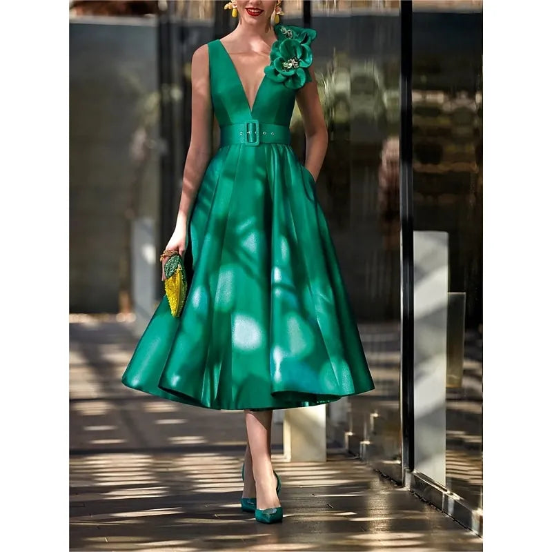 Green Retro A-line V-neck Sleeveless Floral-embellished Emerald Midi Prom Dress With Pocket