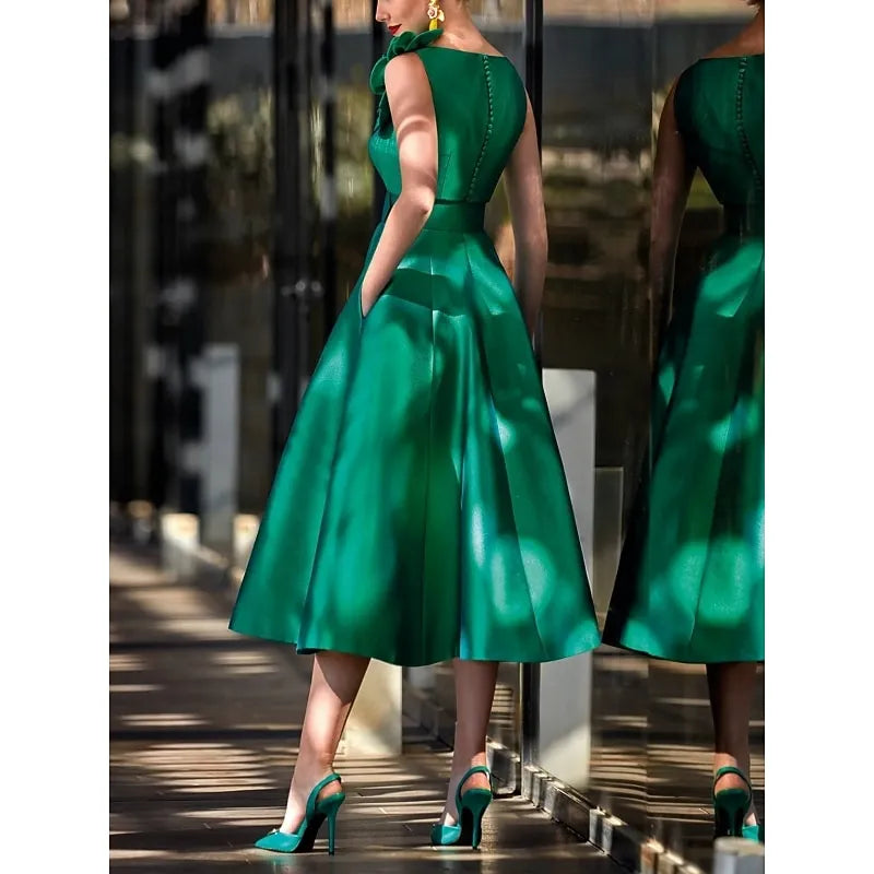 Green Retro A-line V-neck Sleeveless Floral-embellished Emerald Midi Prom Dress With Pocket