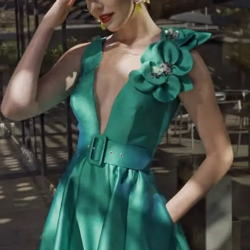 Green Retro A-line V-neck Sleeveless Floral-embellished Emerald Midi Prom Dress With Pocket