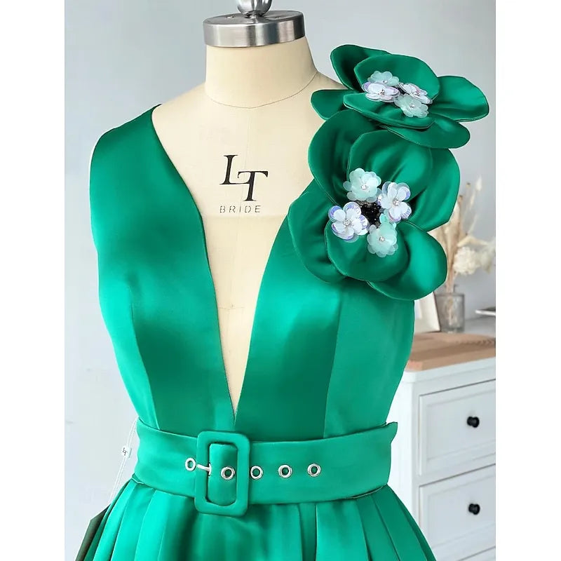 Green Retro A-line V-neck Sleeveless Floral-embellished Emerald Midi Prom Dress With Pocket