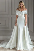 White Retro Wedding Dress With Train Off The Shoulder Pleated Mermaid Bridal Gowns