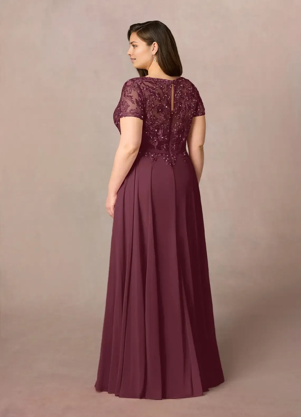 Romantic A-Line Boat Neck Short Sleeve Sequins Back Zip Floor-Length Plus-Size Prom Dresses