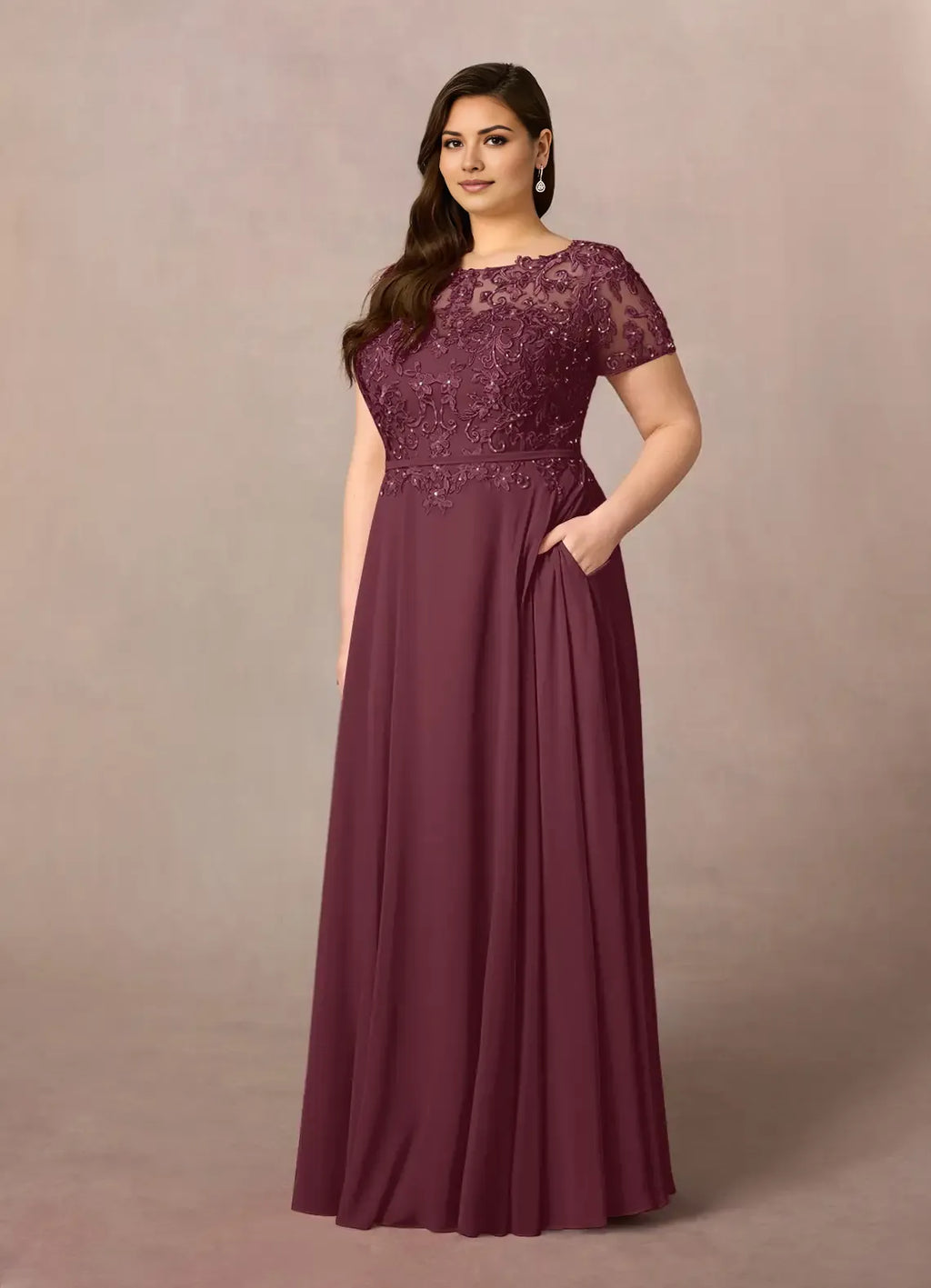 Romantic A-Line Boat Neck Short Sleeve Sequins Back Zip Floor-Length Plus-Size Prom Dresses