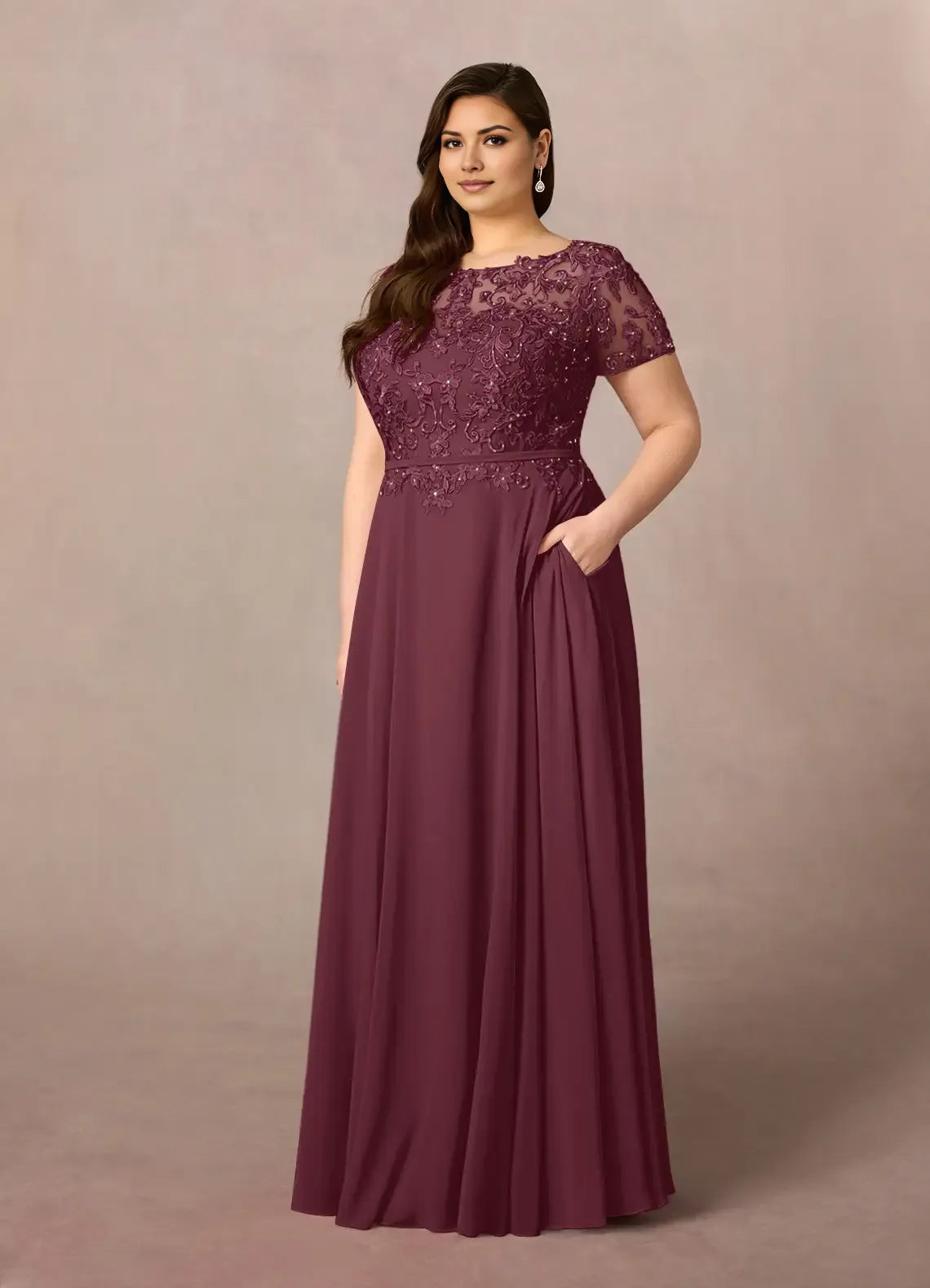Romantic A-Line Boat Neck Short Sleeve Sequins Back Zip Floor-Length Plus-Size Prom Dresses