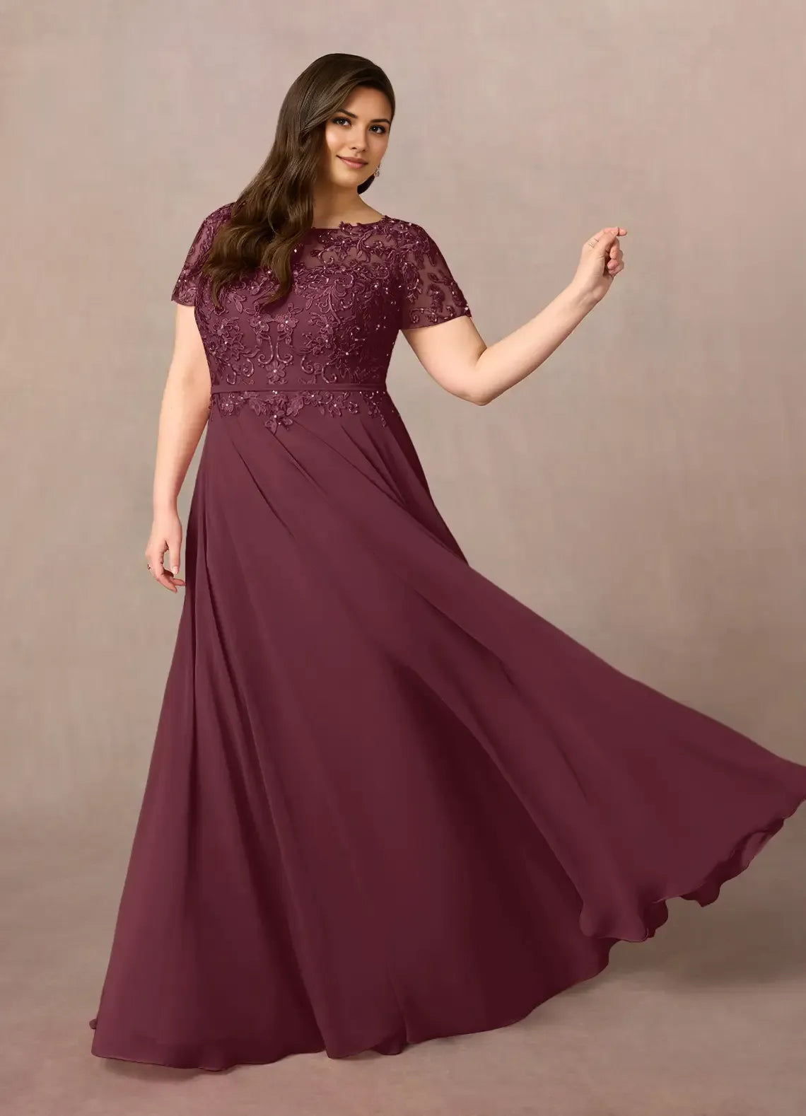 Romantic A-Line Boat Neck Short Sleeve Sequins Back Zip Floor-Length Plus-Size Prom Dresses