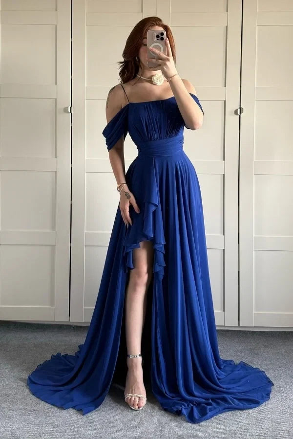 Blue Romantic A-Line Cold Shoulder Spaghetti Strap Royal Maxi Prom Dress