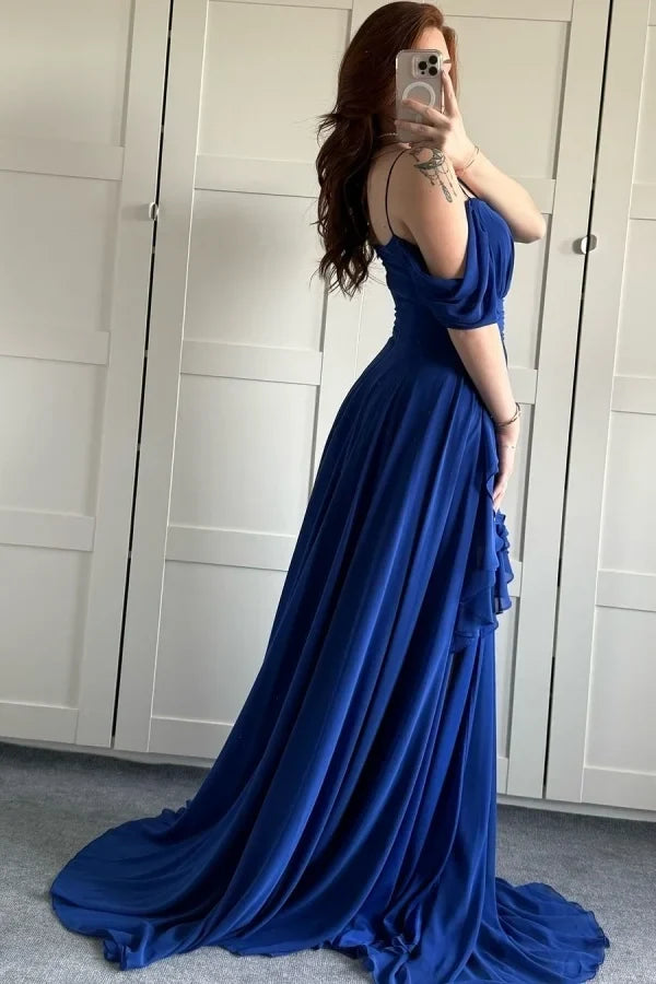 Blue Romantic A-Line Cold Shoulder Spaghetti Strap Royal Maxi Prom Dress