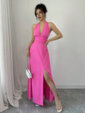 Romantic A-Line Halter Deep V-Neck Sleeveless Tie-Accent Open Back Ankle-Length High Slit Prom Dresses