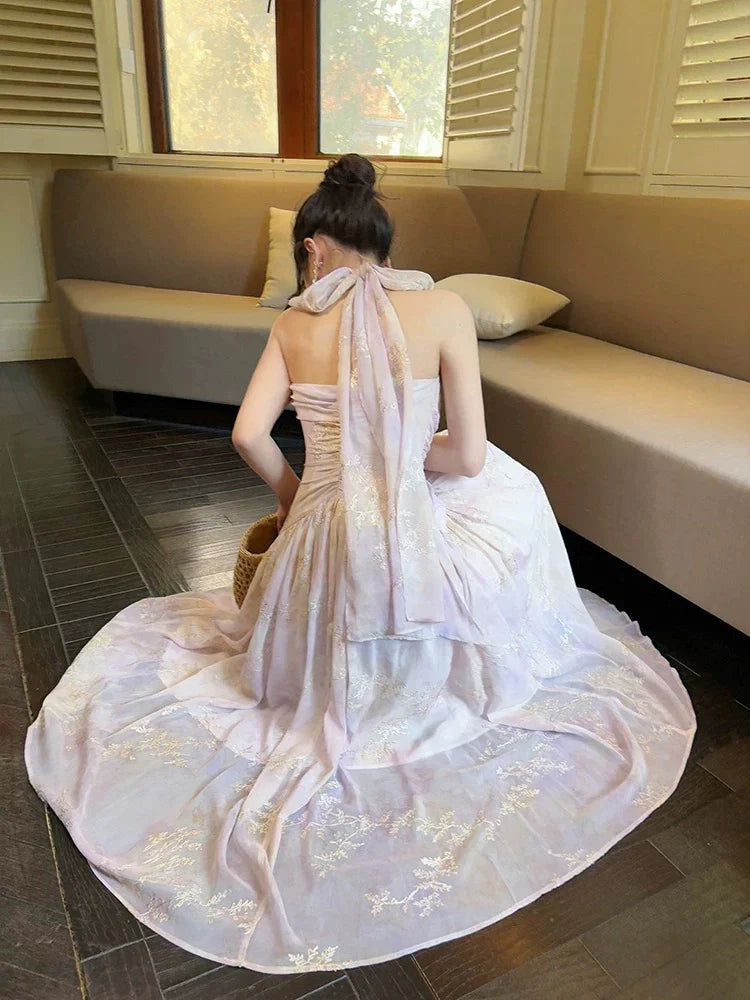 Lavender Romantic A-Line Halter Neck Embroide Lavender Maxi Prom Dress