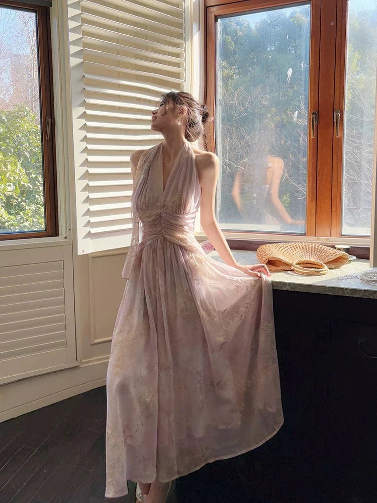 Lavender Romantic A-Line Halter Neck Embroide Lavender Maxi Prom Dress
