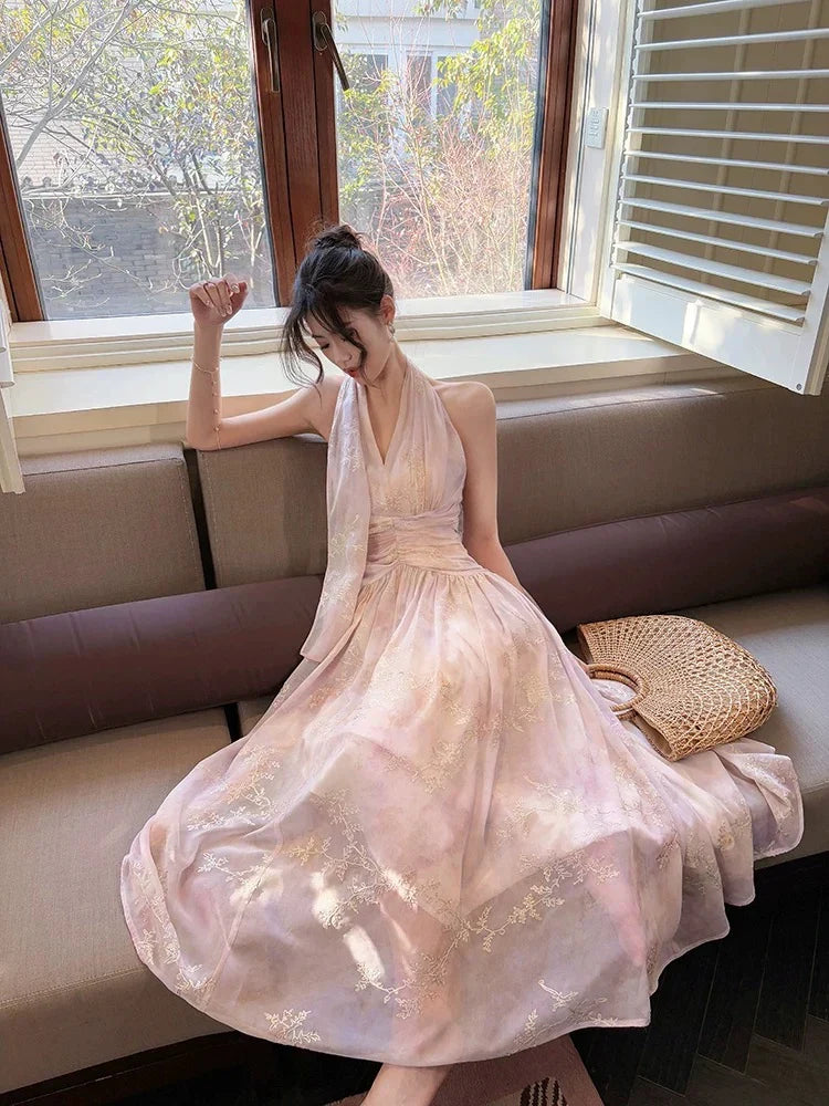 Lavender Romantic A-Line Halter Neck Embroide Lavender Maxi Prom Dress