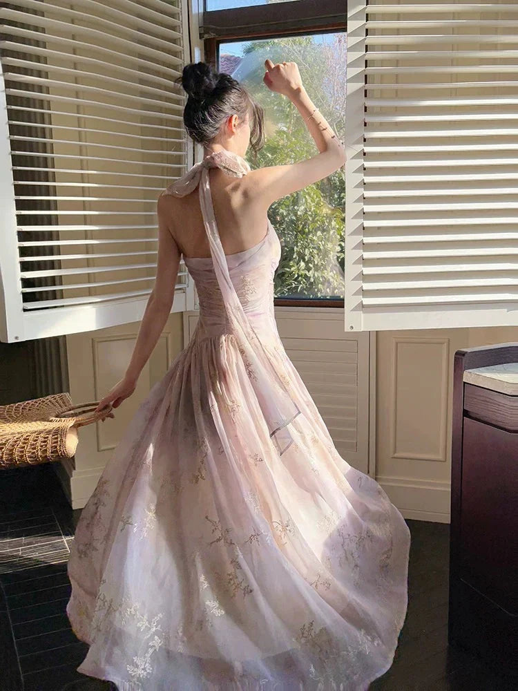Lavender Romantic A-Line Halter Neck Embroide Lavender Maxi Prom Dress