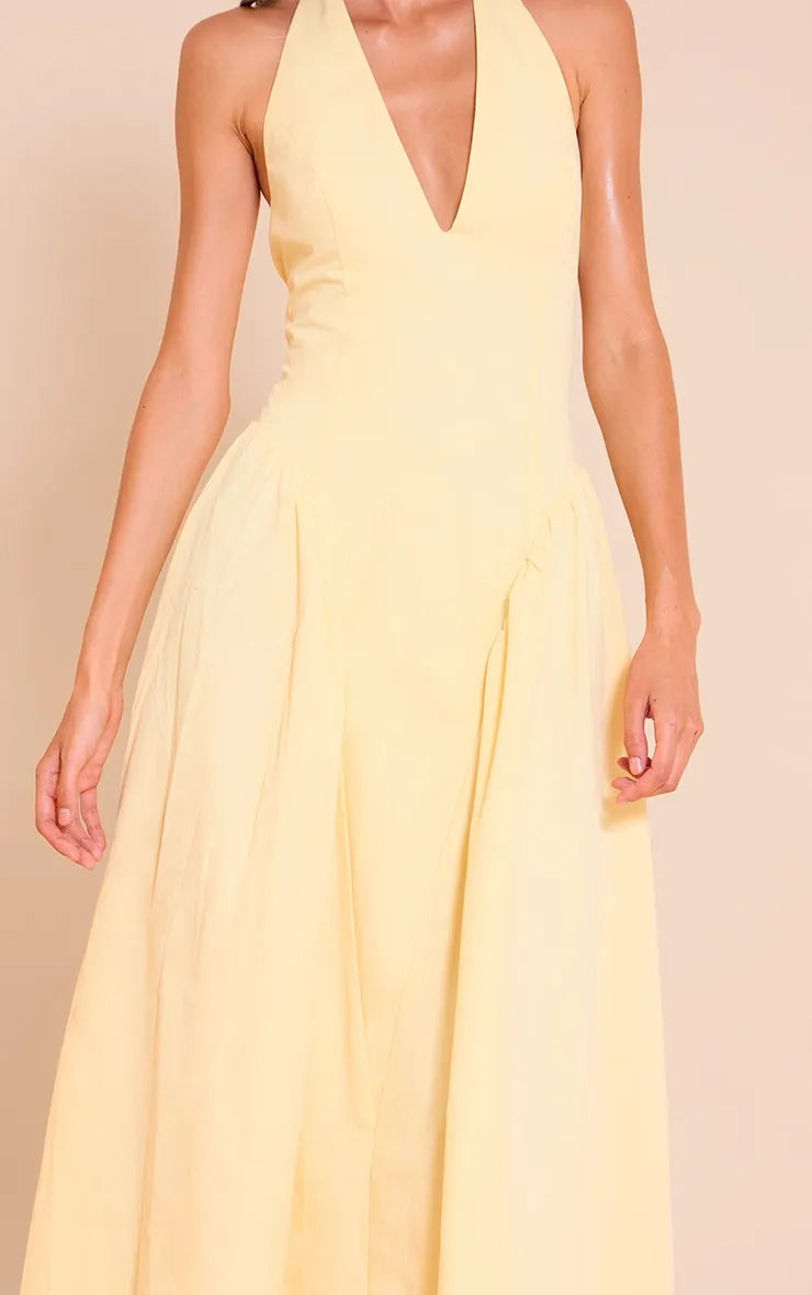 Romantic A-Line Halter Neck Sleeveless Tie-Back Floor-Length Prom Dresses for women