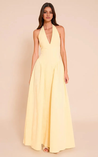 Elegant A-Line Halter-Neck Sleeveless Classic-Back Floor-Length Prom Formal Dress