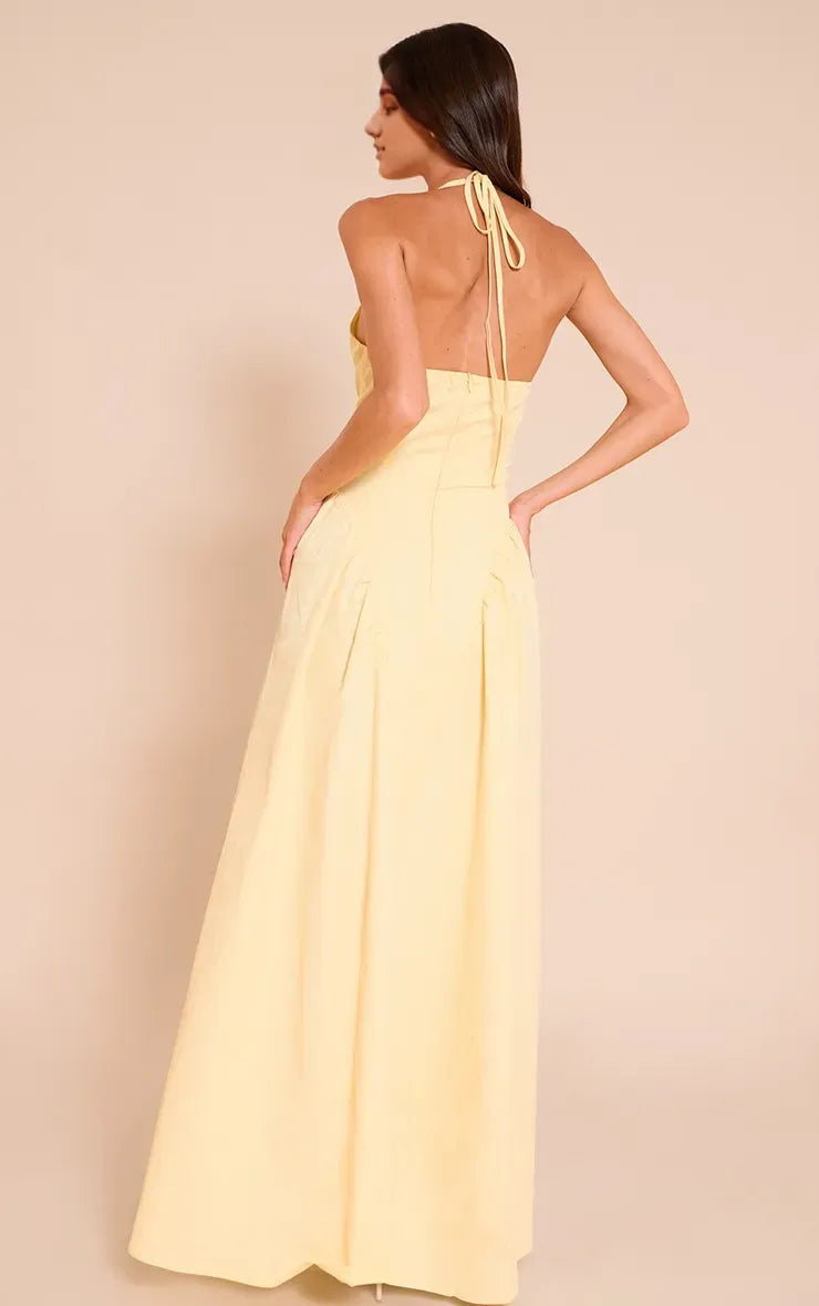 Romantic A-Line Halter Neck Sleeveless Tie-Back Floor-Length Prom Dresses for women