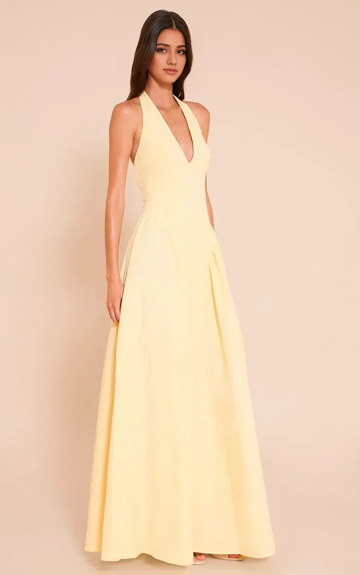Romantic A-Line Halter Neck Sleeveless Tie-Back Floor-Length Prom Dresses for women