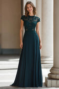 Romantic A-Line High Neck Cap-Sleeve Lace-Bodice Floor-Length Mother Of The Bride Dresses with Appliques