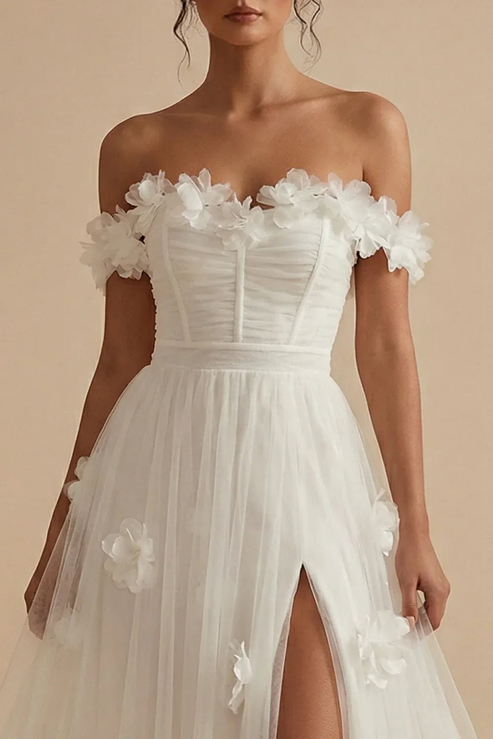 White Romantic A-Line Off-Shoulder 3D Floral Maxi Wedding Dress With Slit