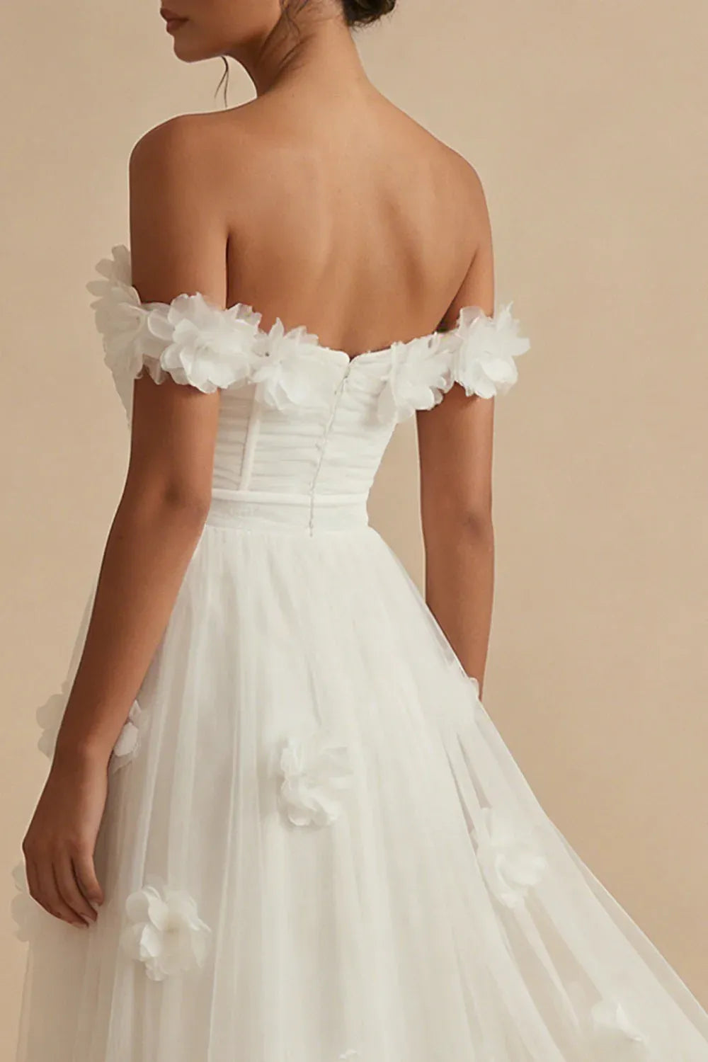 White Romantic A-Line Off-Shoulder 3D Floral Maxi Wedding Dress With Slit