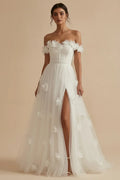 White Romantic A-Line Off-Shoulder 3D Floral Maxi Wedding Dress With Slit