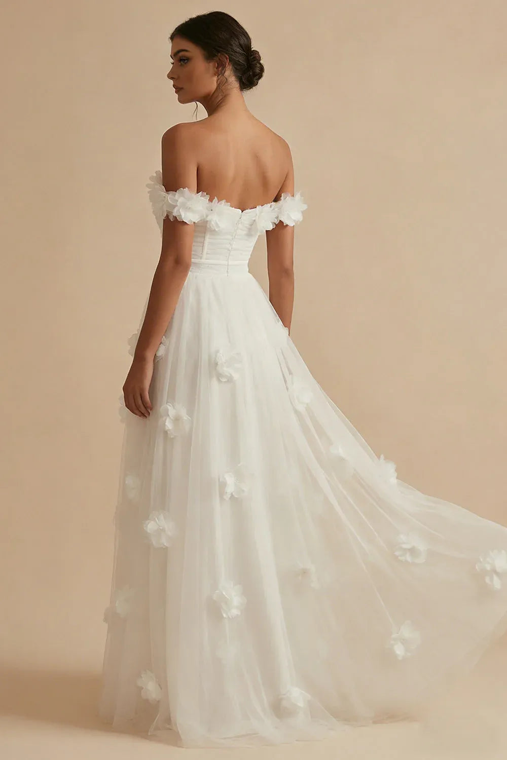White Romantic A-Line Off-Shoulder 3D Floral Maxi Wedding Dress With Slit